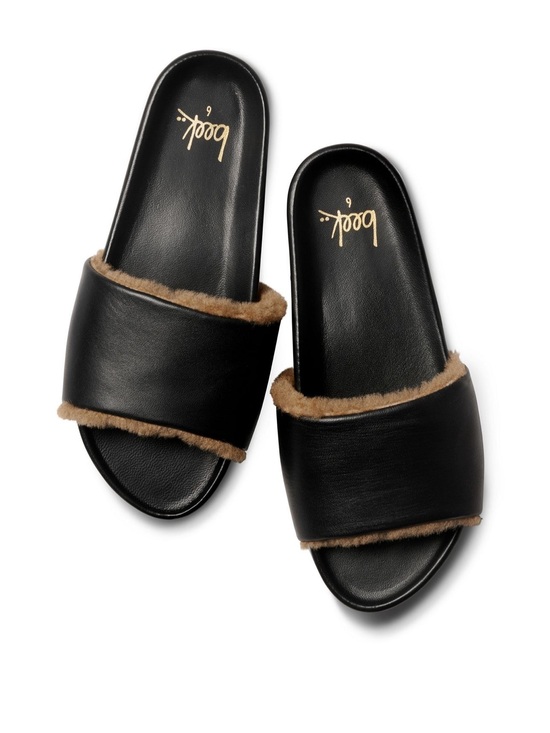 beek Shoes - Beek Gallito Shearling Fuzzy Slides Sandals Black Leather Size 9